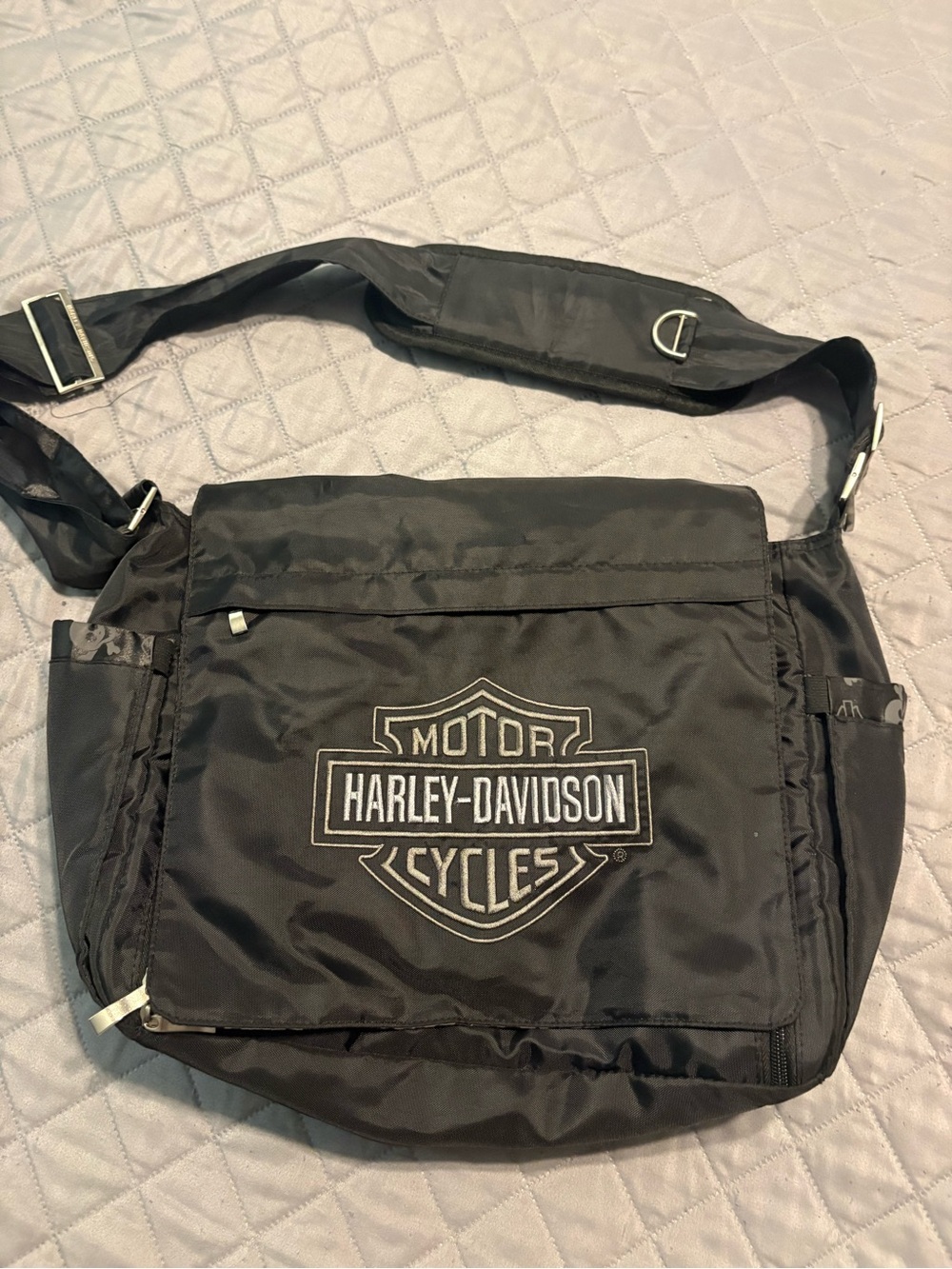 Harley-Davidson Black Nylon Diaper Messenger Bag with White Logo Stitching